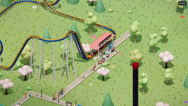 A row of Park Baron rides and roller coasters rendered from the game
