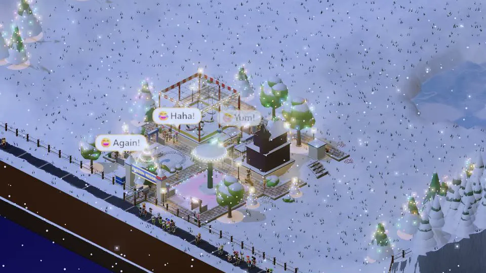 A snowy park at night with Winter Lights, snowy trees and guests in the cold