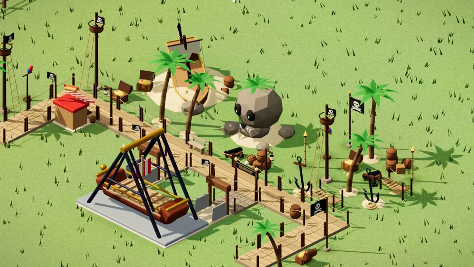A Pirate Cove land with a swinging pirate ship, Skull Rock, palms and a sandy boardwalk