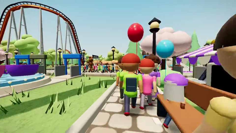 Walking through a friend’s park in first person behind a family with balloons
