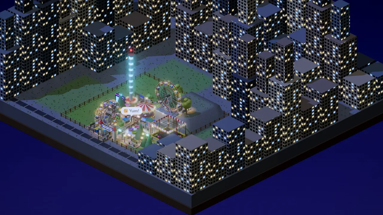 Tiny City Lot: Tiny land, pricey parcels (4× the usual price) and tycoon-strict guests. Tall rides and clever stacking are the only way. at night