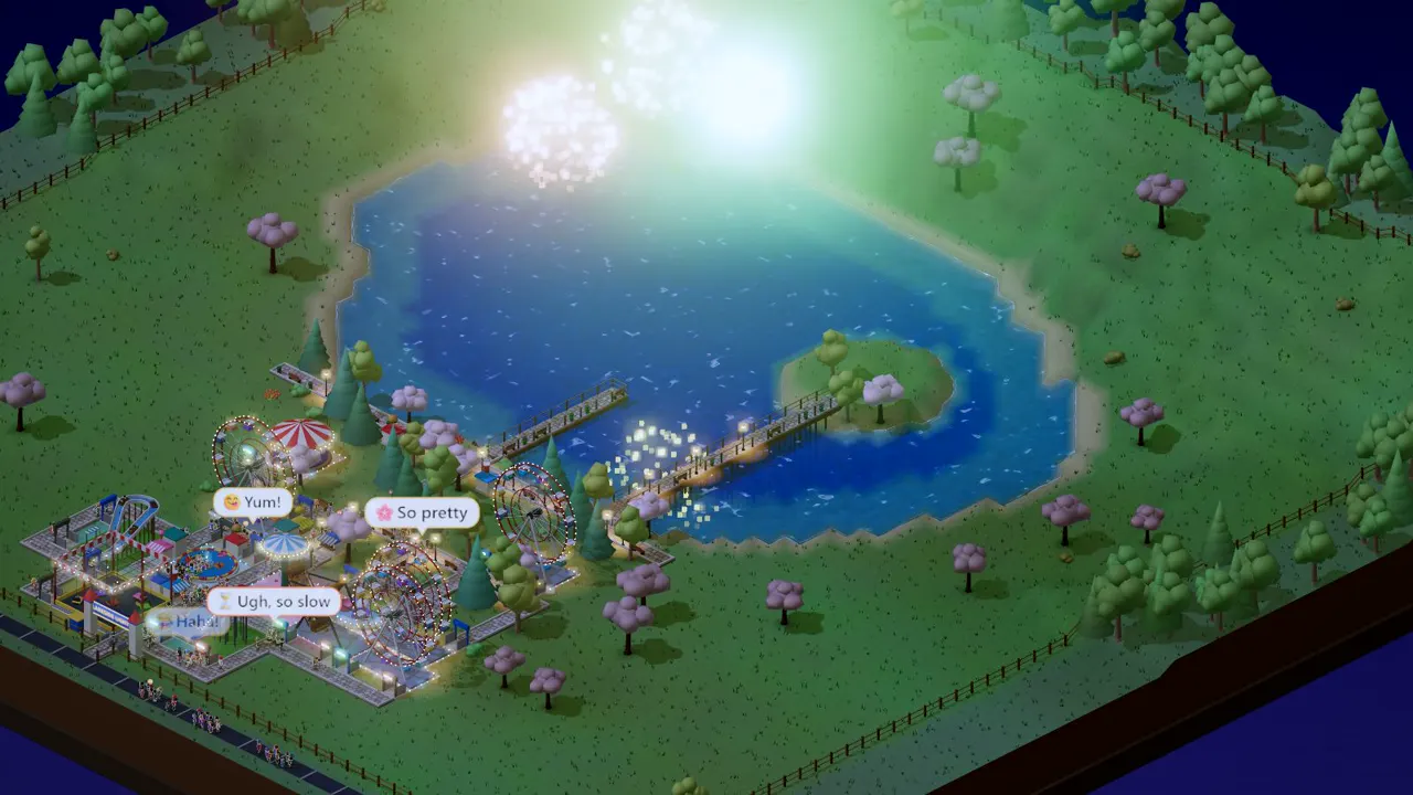 Lakeside Lights: A big lake fills the middle of the map: build around it, and out over it on raised walkways. at night