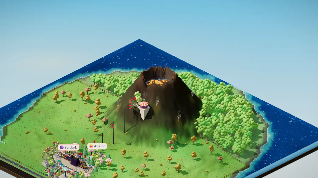 Volcano Island: The cone is far too steep for paths: reach the rim by cable lift. Tycoon-strict guests, a big loan, and the Great Rumble draws crowds. by day