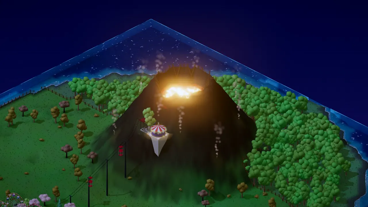 Volcano Island: The cone is far too steep for paths: reach the rim by cable lift. Tycoon-strict guests, a big loan, and the Great Rumble draws crowds. at night