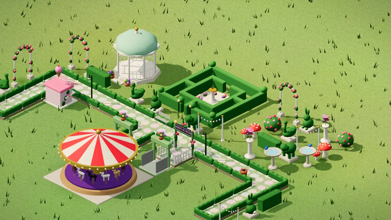 Enchanted Garden: a themed plaza with pastel flagstones, a dressed shop and a matching ride by day