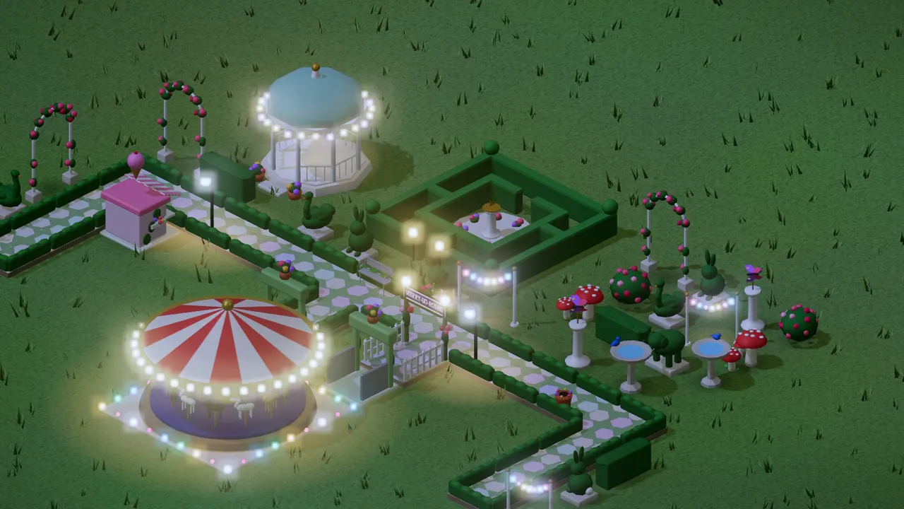 Enchanted Garden: a themed plaza with pastel flagstones, a dressed shop and a matching ride at night
