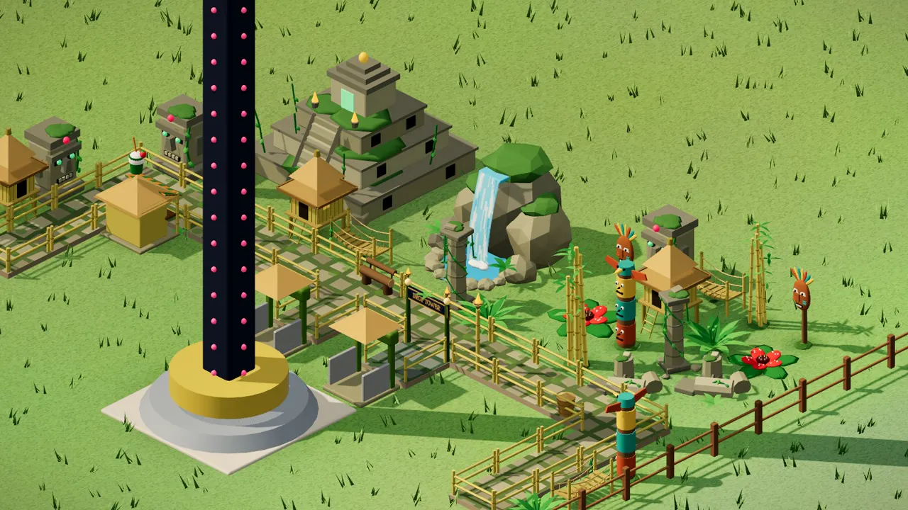 Jungle Adventure: a themed plaza with mossy stones, a dressed shop and a matching ride by day