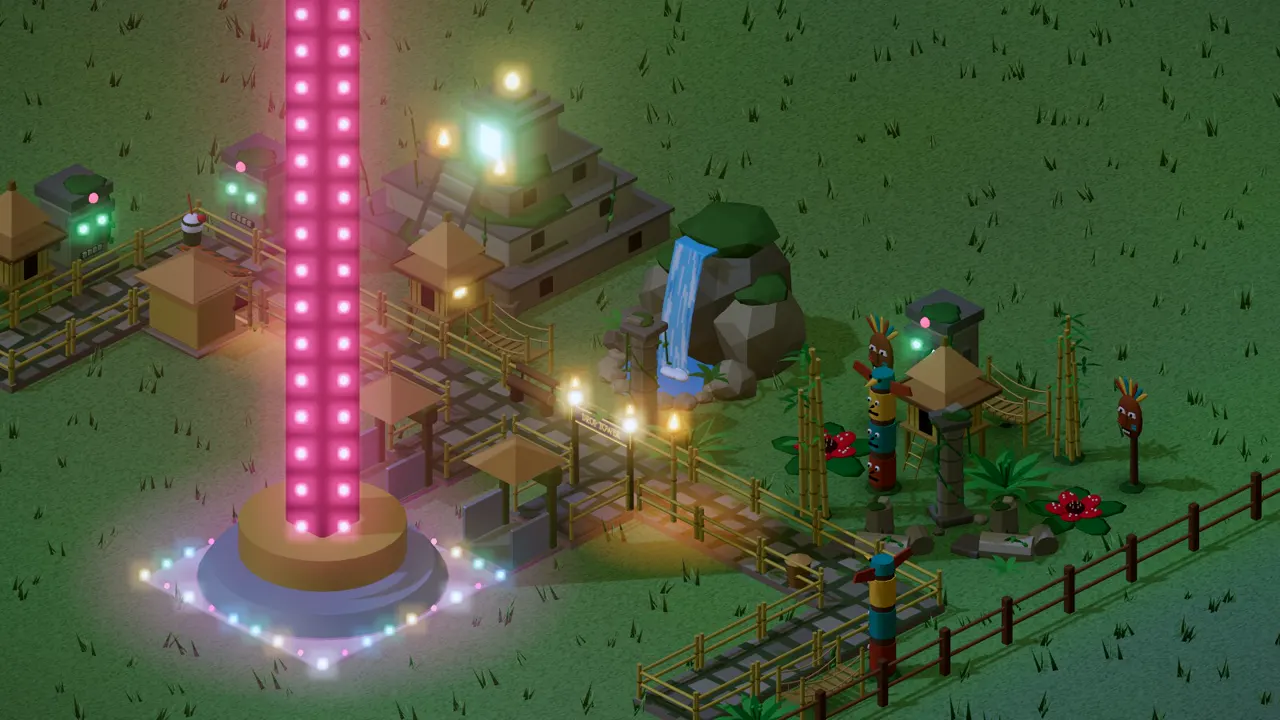 Jungle Adventure: a themed plaza with mossy stones, a dressed shop and a matching ride at night