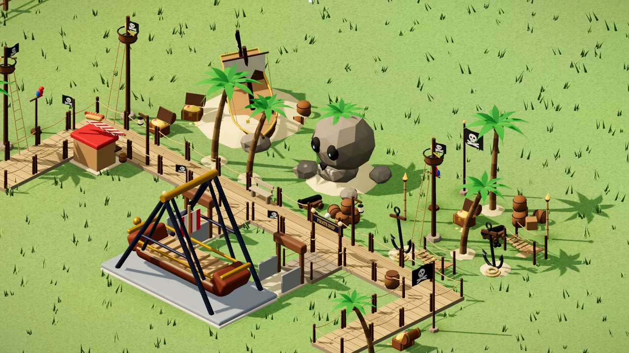 Pirate Cove: a themed plaza with sandy boardwalk, a dressed shop and a matching ride by day
