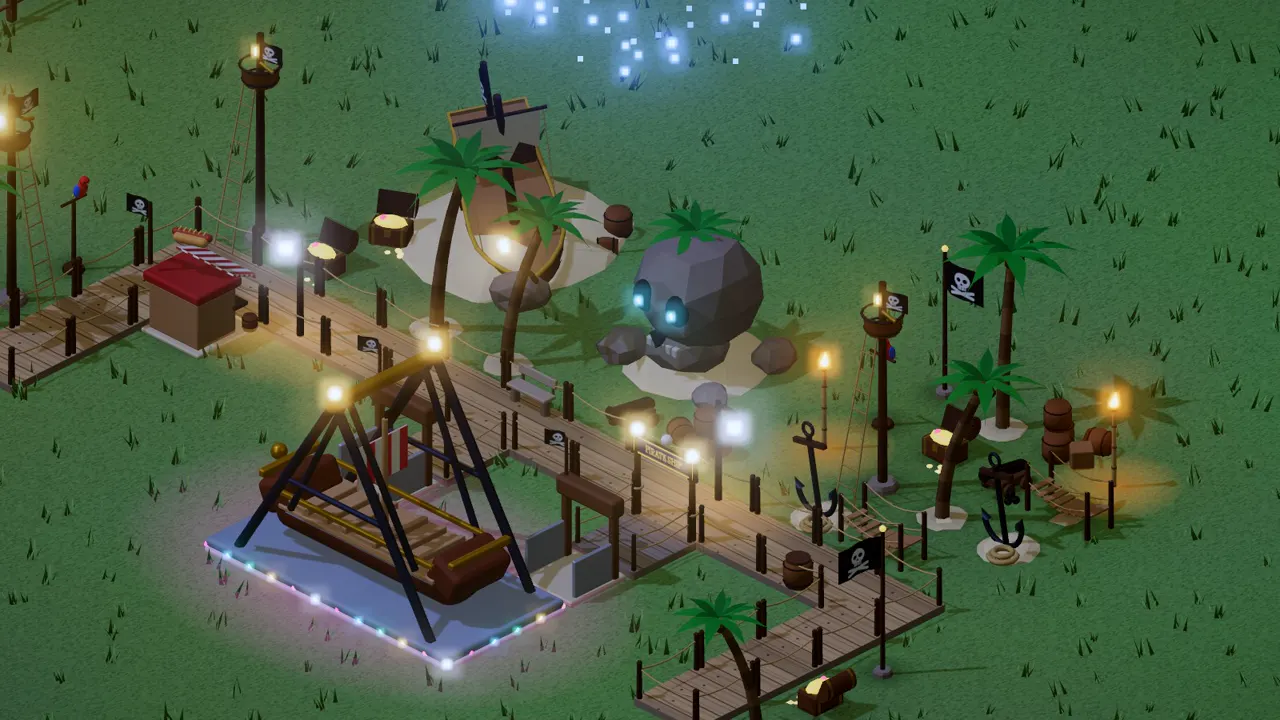 Pirate Cove: a themed plaza with sandy boardwalk, a dressed shop and a matching ride at night
