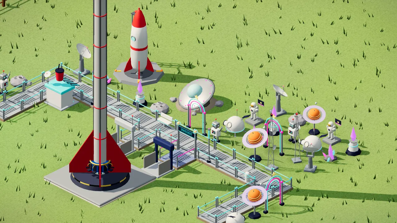 Space Frontier: a themed plaza with metal grating, a dressed shop and a matching ride by day