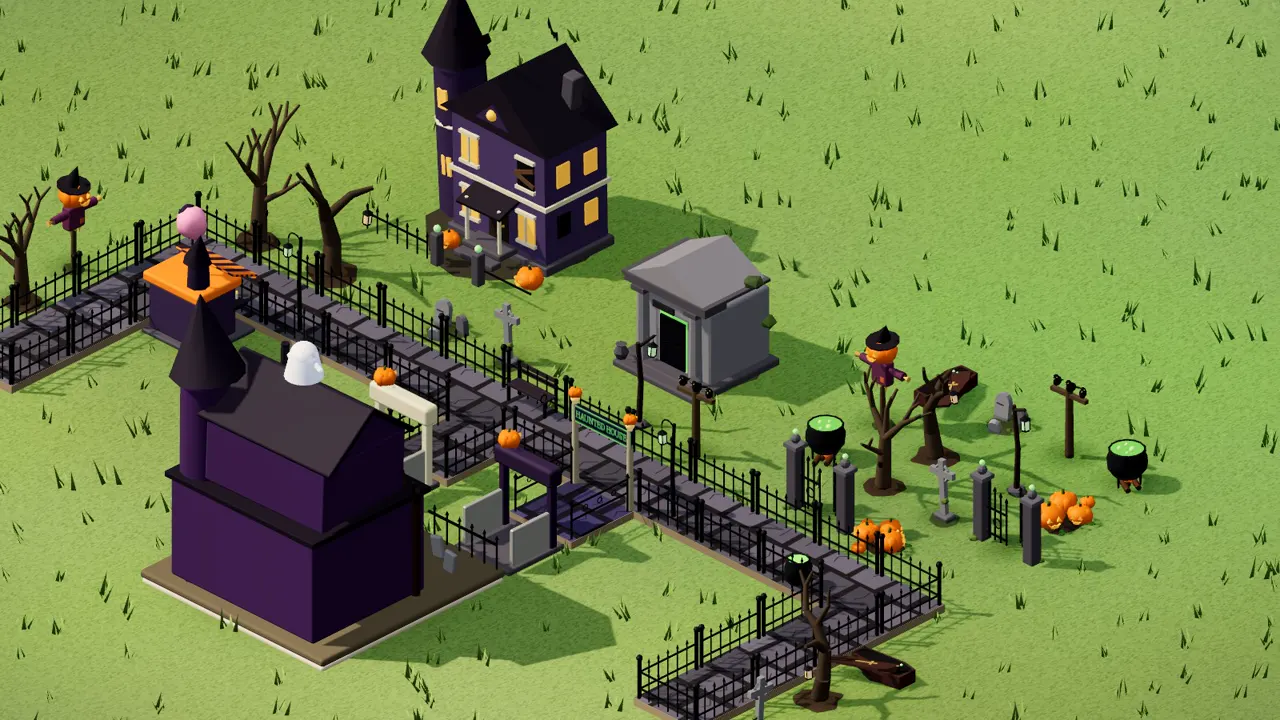 Spooky Hollow: a haunted manor, a mausoleum, crooked trees and fog lanterns on cracked flagstones by day
