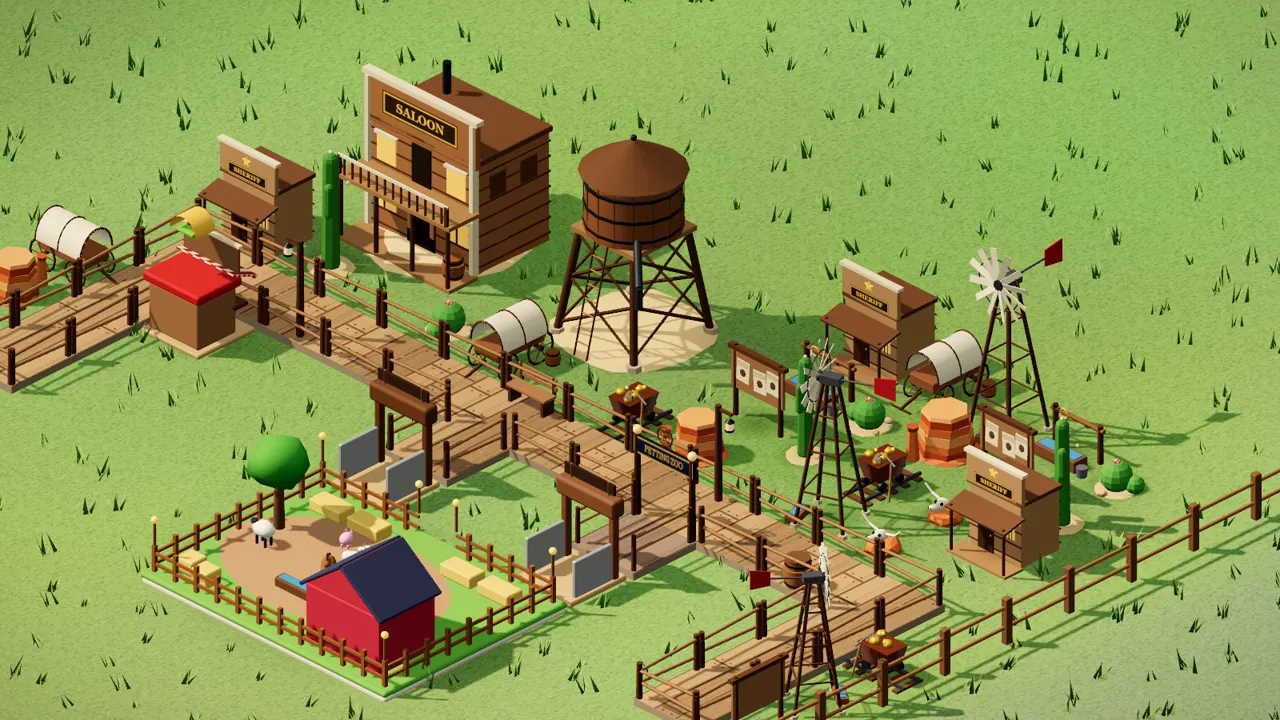 Wild West: a themed plaza with dusty boardwalk, a dressed shop and a matching ride by day