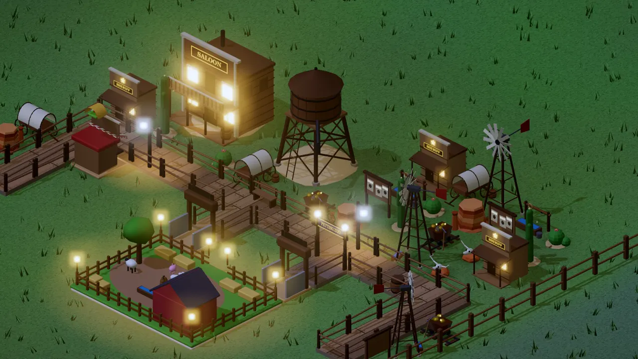 Wild West: a themed plaza with dusty boardwalk, a dressed shop and a matching ride at night