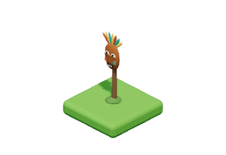 Tribal Mask: A painted wooden mask on a post, with feathers.