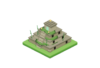 Temple Ruins: A stepped temple swallowed by vines, with a glowing shrine at the top.
