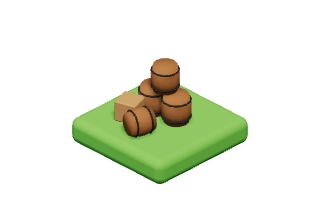 Barrel Stack: Rum barrels and a crate, roped together on the quay.