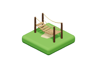 Rope Bridge: A plank bridge on rope rails over a little sand gully.