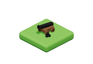 Cannon: An old iron cannon on its wooden carriage, with a pile of shot.