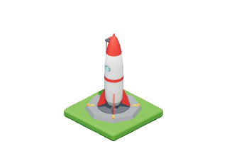 Rocket: A gleaming rocket on its launch pad, lit up at night.