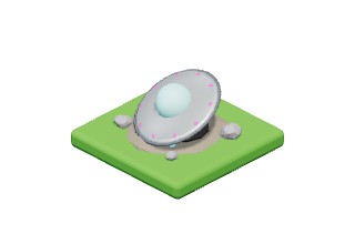 Crashed UFO: A flying saucer nose-down in a crater. Its lights are still spinning.