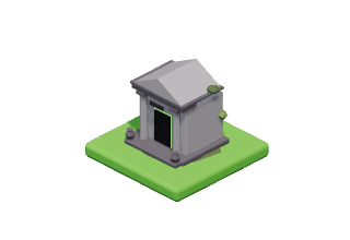 Mausoleum: A mossy family tomb with an iron door and a green glow inside.