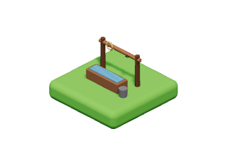 Hitching Post: A rail for tying horses, with a water trough.