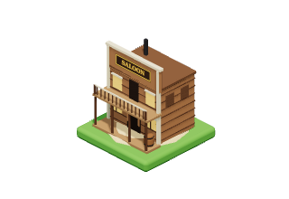 Saloon: A two-storey saloon with swinging doors, a balcony and a lit sign.