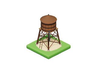 Water Tower: A wooden railroad water tank on tall legs.
