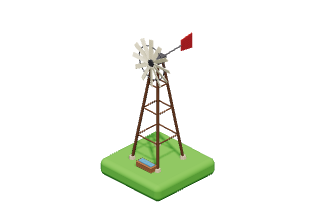 Windmill: A ranch windpump whose blades turn in the breeze.