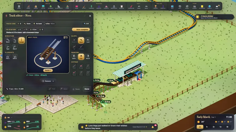 The Park Baron coaster editor: a big 3D preview of the next track piece, with the piece strip and options around it