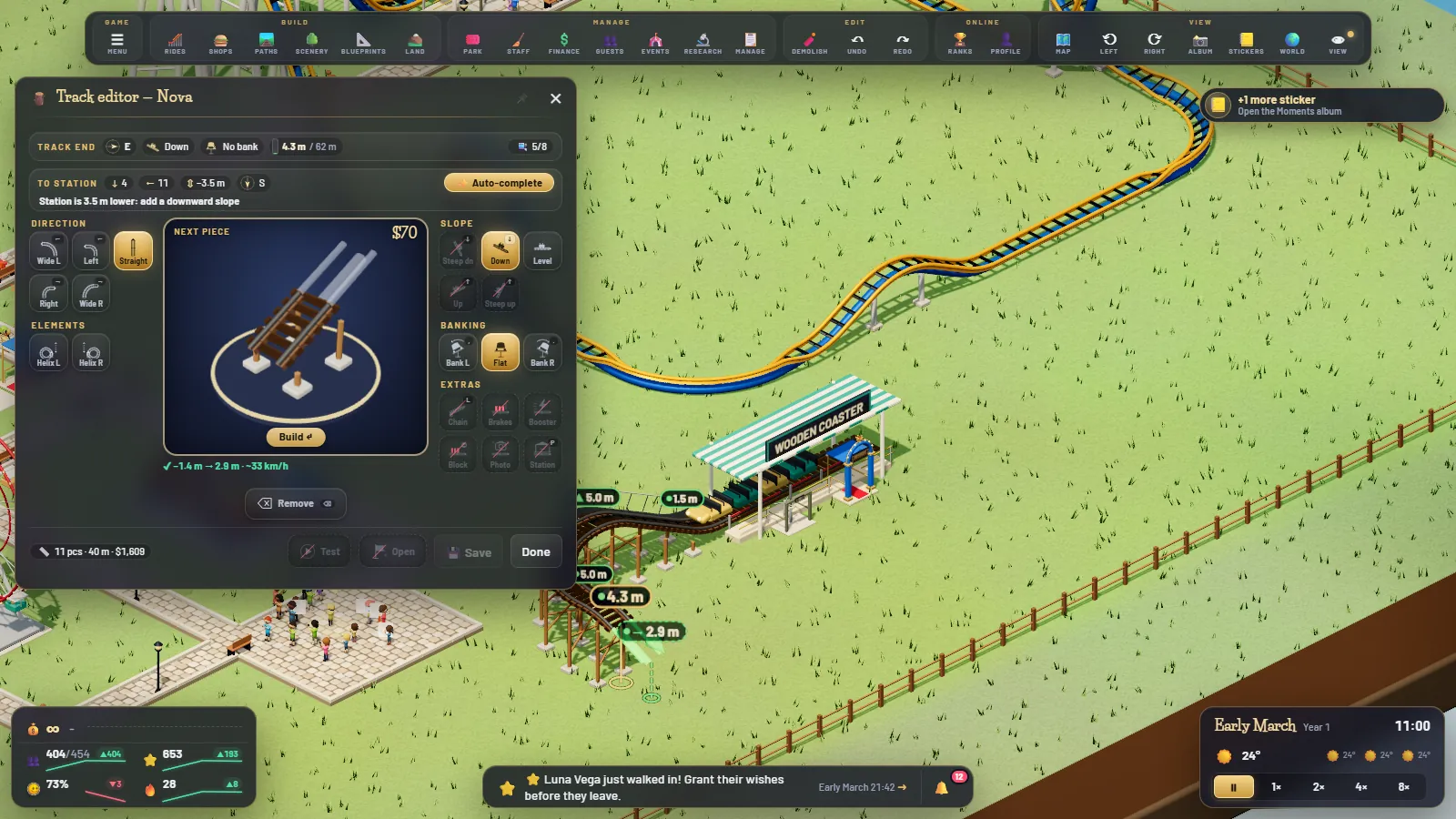 The coaster editor: a big 3D preview of the next track piece in the middle of the screen, with the piece strip and options around it