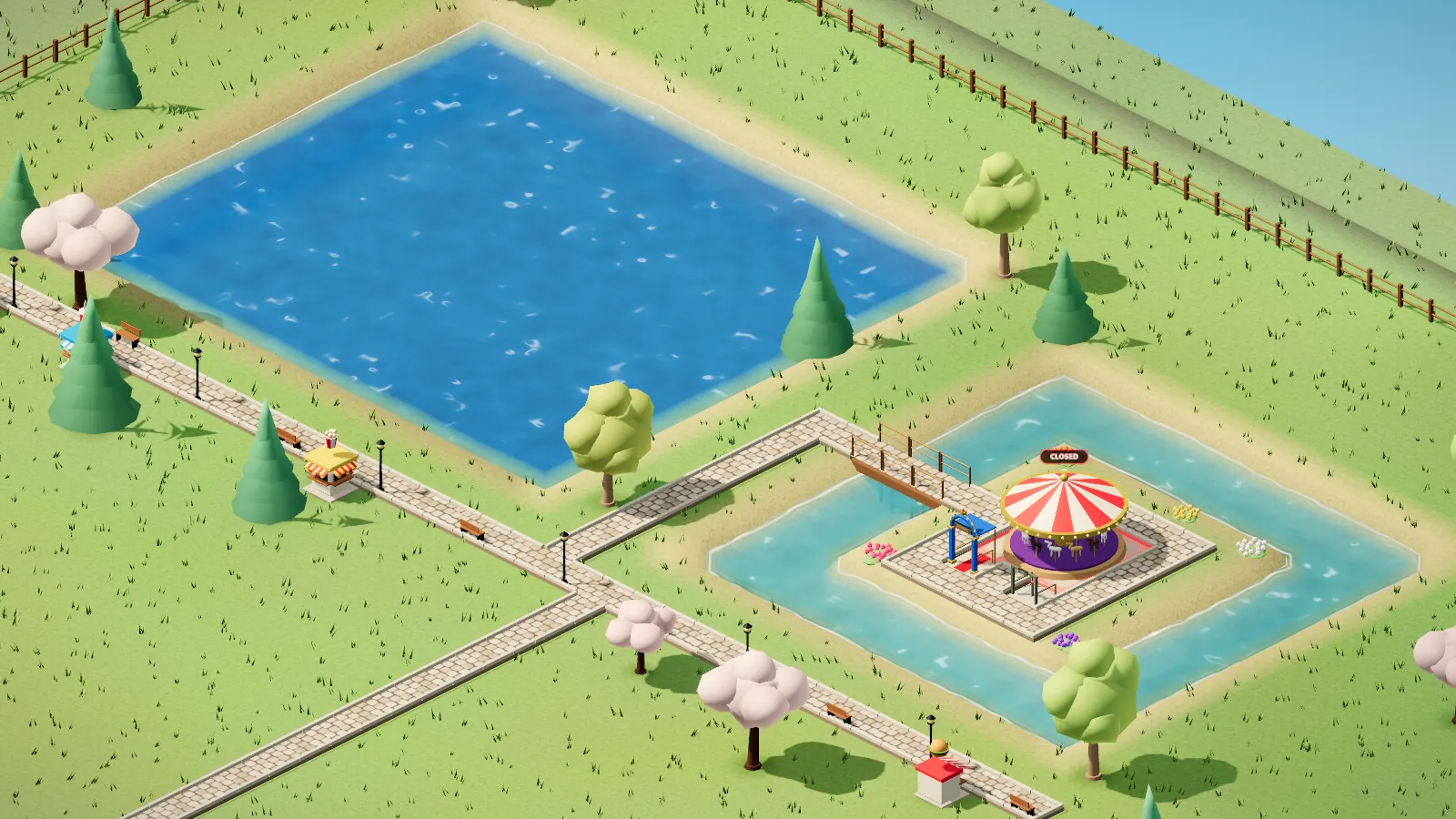 A lake and a moat dug with the water tool; a bridge crosses the moat to a carousel on its island