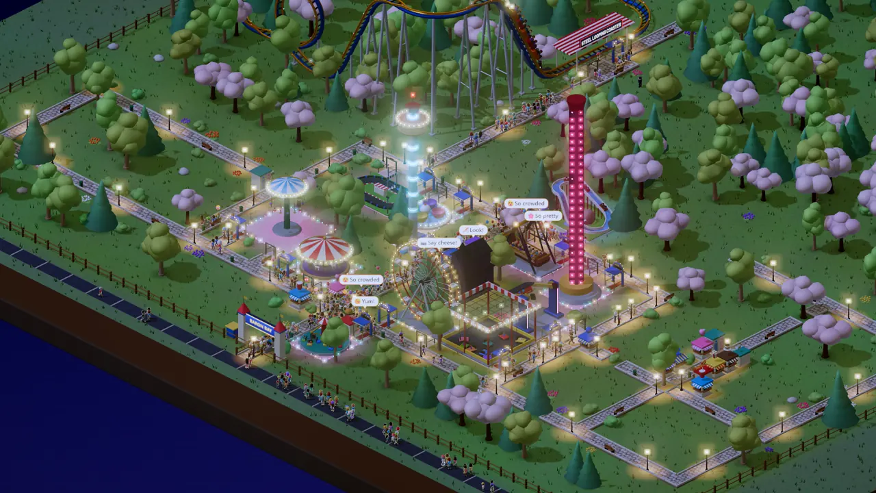 A big, busy theme park at night (another park, for the feel of it)
