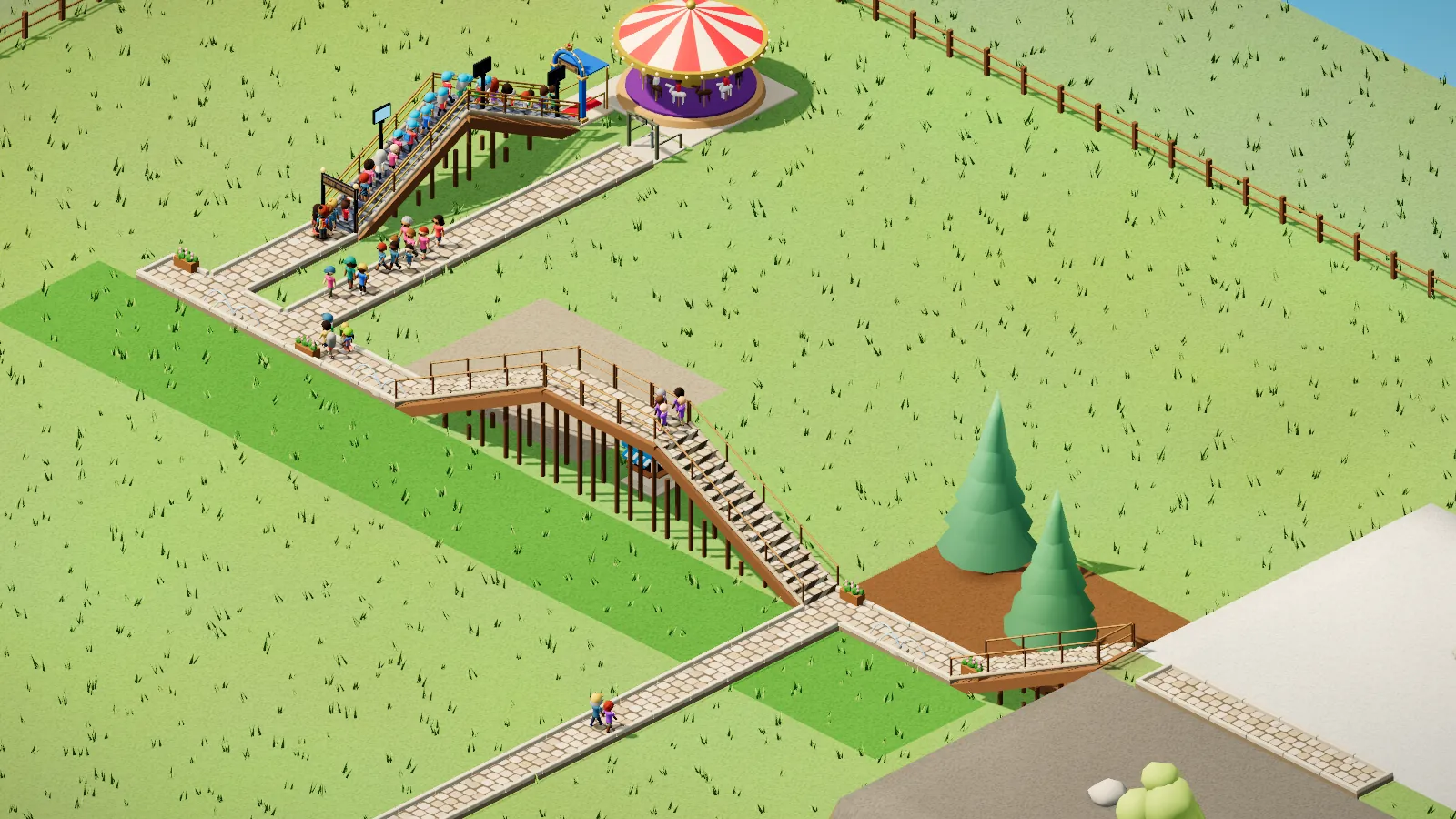 Path ramps and a raised queue on wooden supports, over painted ground